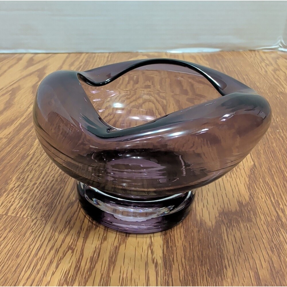 Vintage Amethyst Purple Glass Freeform Ashtray Bowl Mid Century Art Glass 4.5"